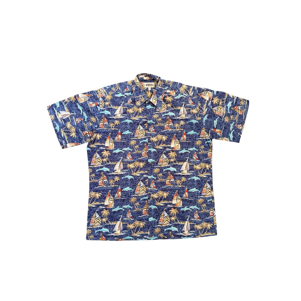 Campia Moda Mens Medium Blue Cotton Nautical Sailboat Dolphin Tropical Shirt